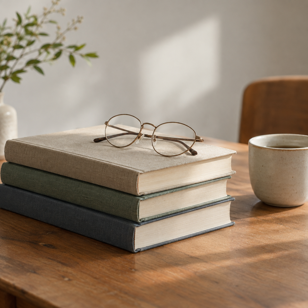 A calm still-life of stacked books, reading glasses, and a ceramic cup on a wooden table