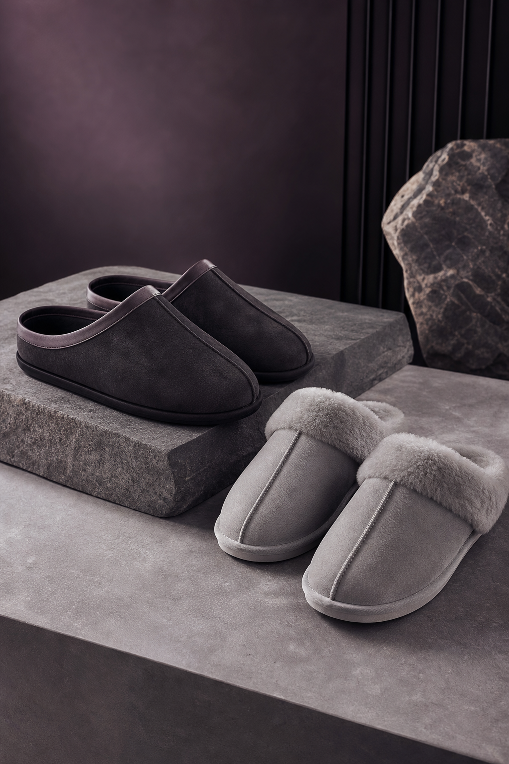 Styled premium slippers in a cool-toned fashion campaign scene