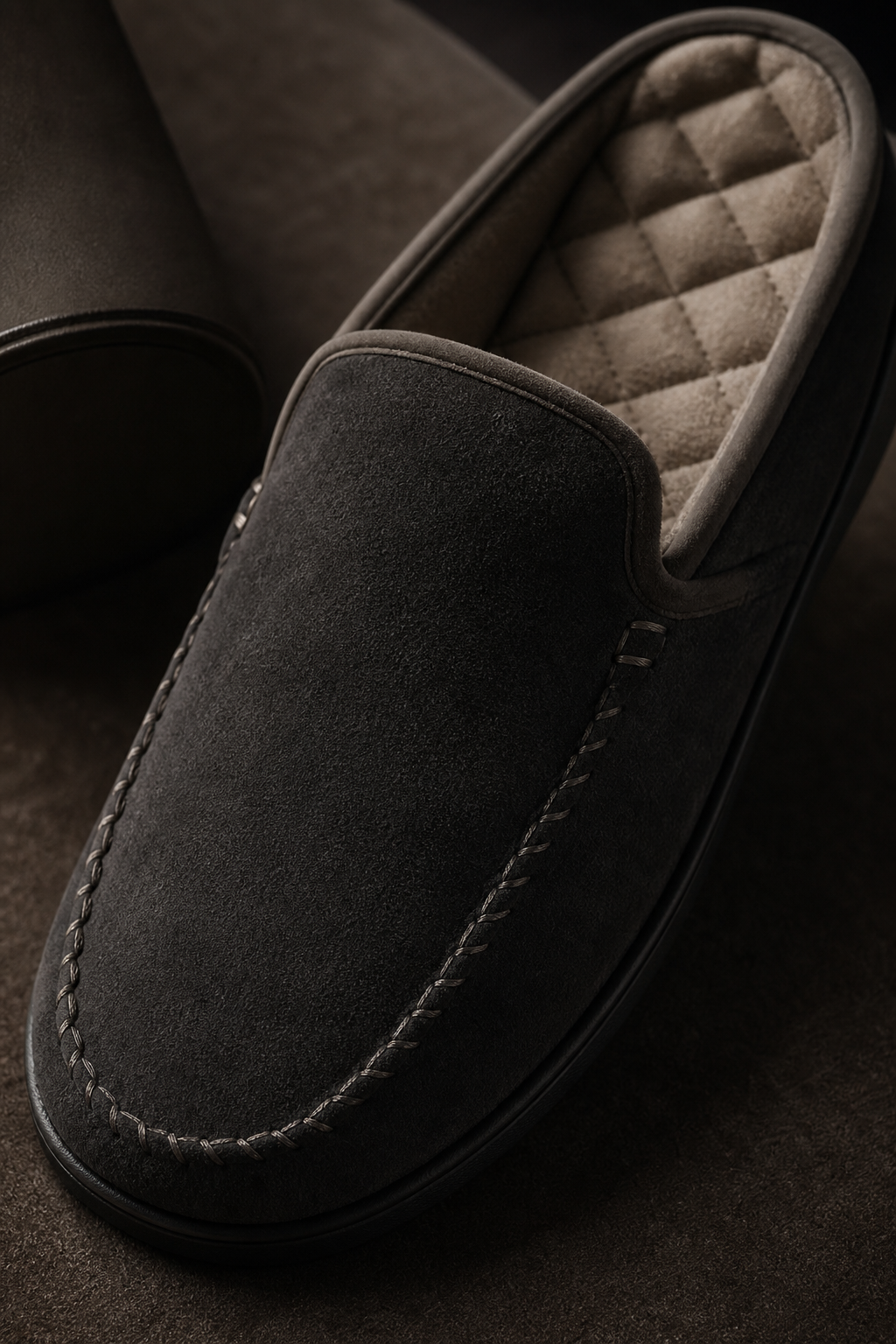 Close-up of hand-stitched premium slipper suede with soft quilted lining in cinematic low light