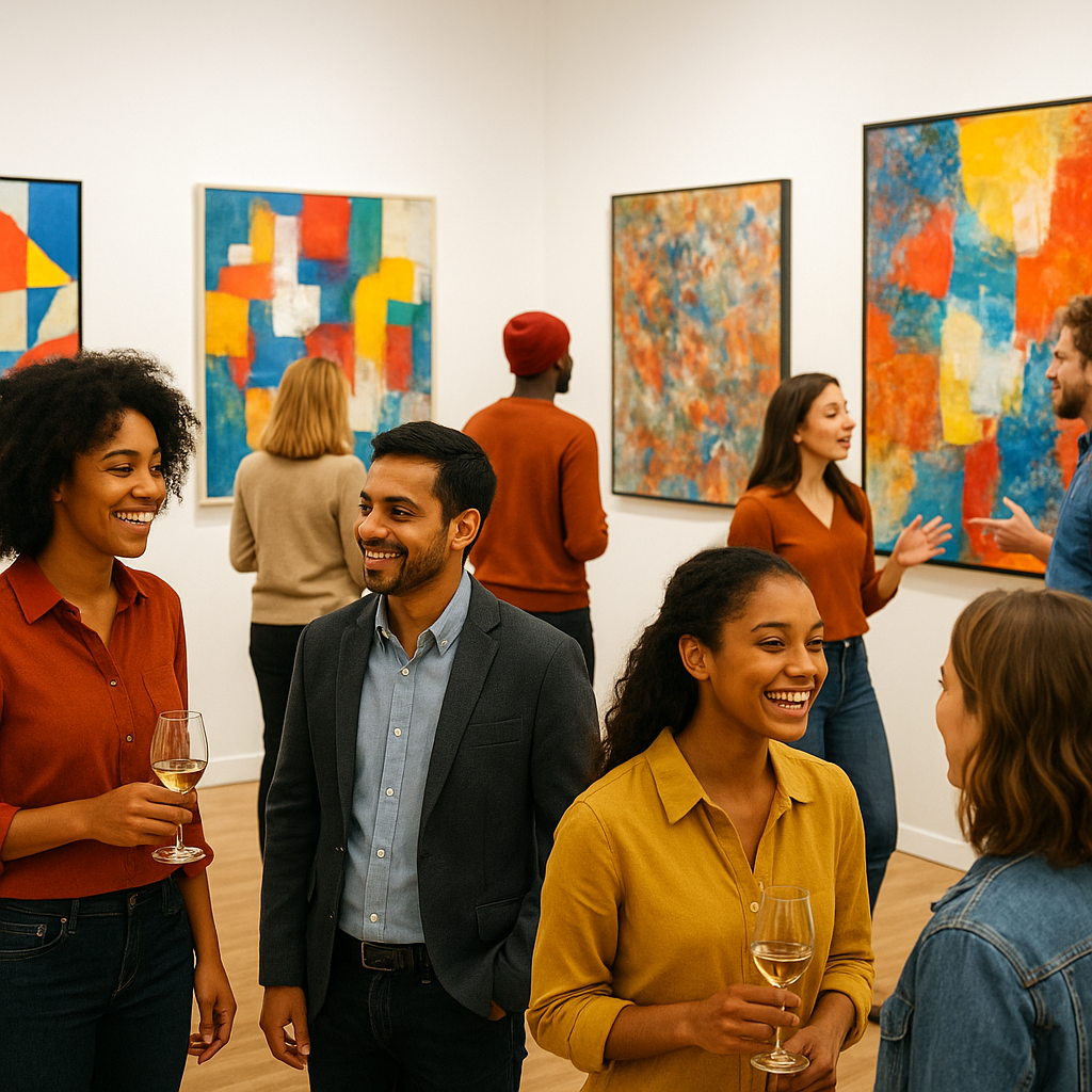 People enjoying an art gallery event