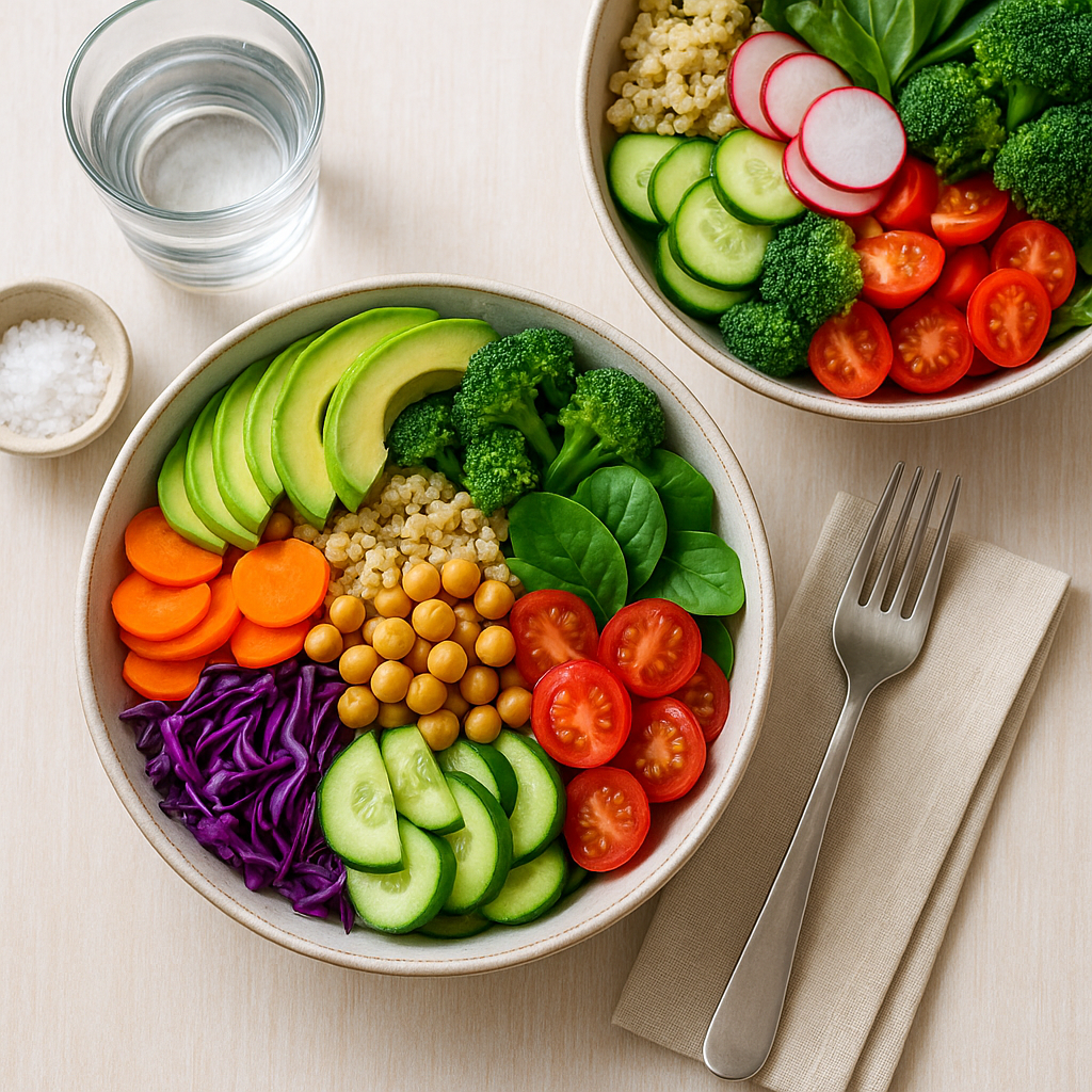 Colorful healthy bowls and fresh produce