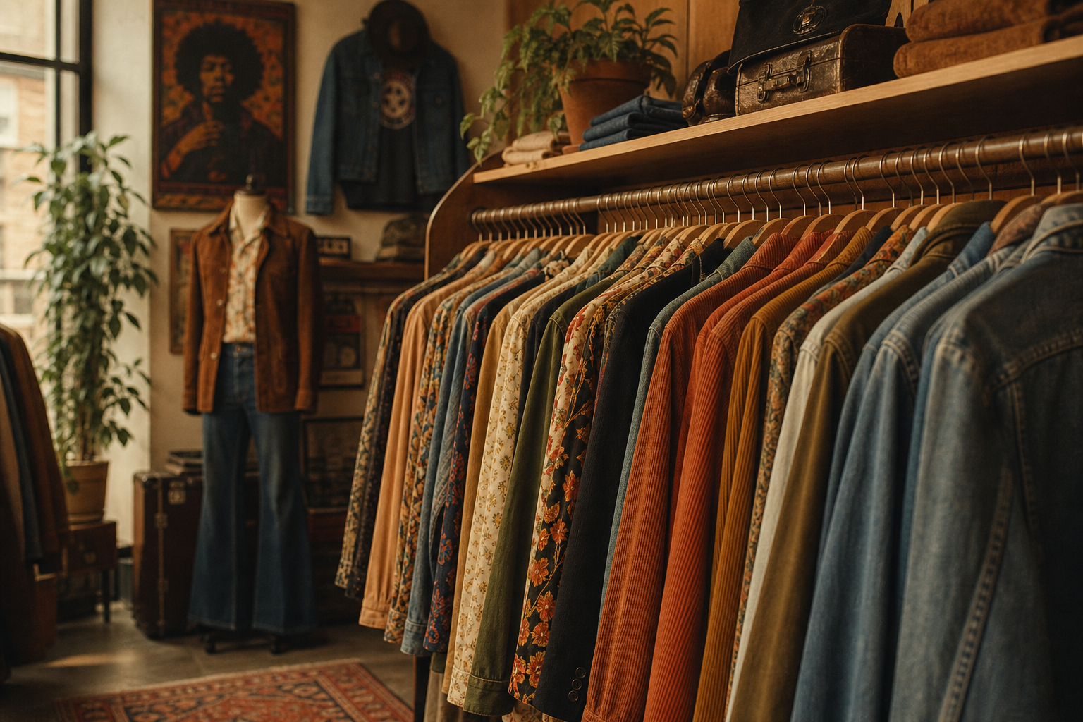 Warm film-style photo of a curated rack of 70s and 80s vintage clothing in a boutique, with textured fabrics and muted tones
