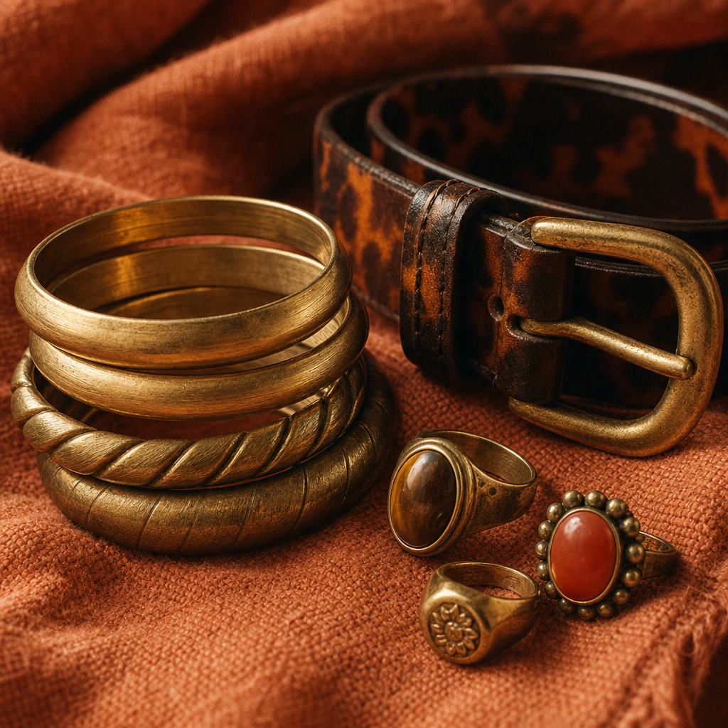 Close-up of stacked gold bangles, a tortoiseshell belt, and vintage rings on textured fabric