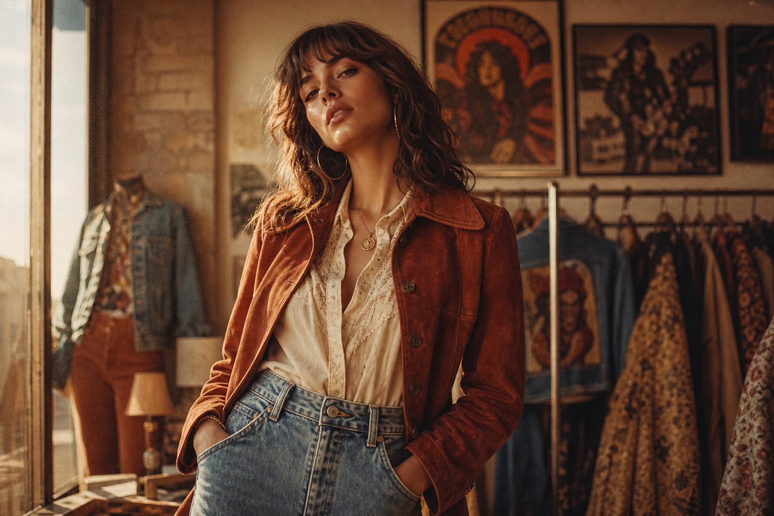Cinematic film-style photo of a confident model wearing a rust suede jacket and high-waisted denim, standing in warm golden light with a retro boutique backdrop