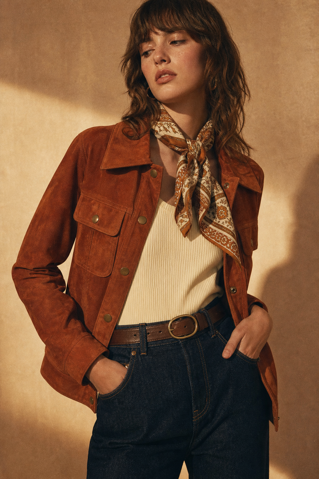 Editorial studio photo of a model in a burnt orange 70s suede jacket with high-waisted jeans and a silk scarf