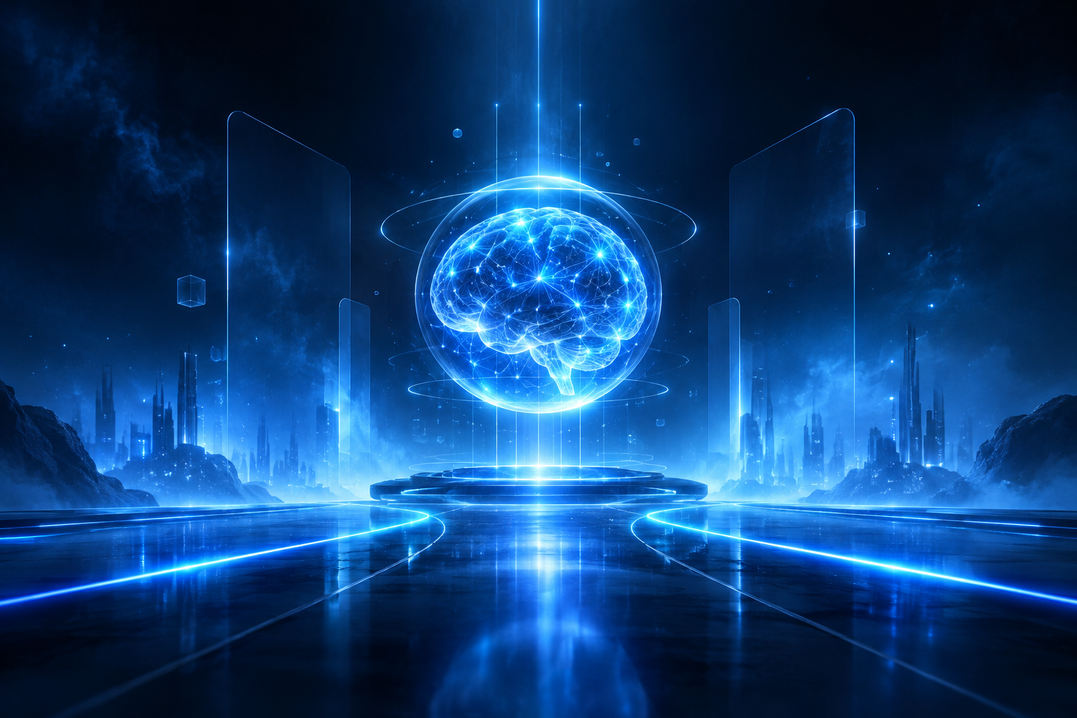 Cinematic futuristic AI landscape with luminous blue circuitry, layered holographic geometry, and atmospheric digital depth