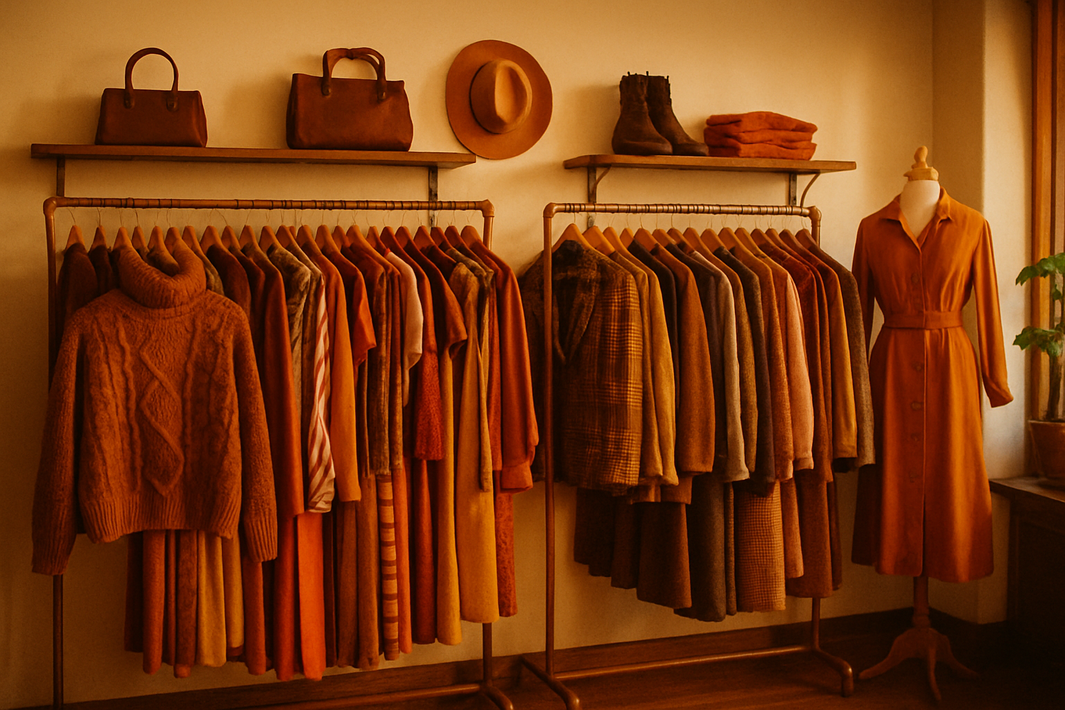 Warmly lit vintage boutique interior with wooden racks, amber glow, and curated 70s and 80s garments