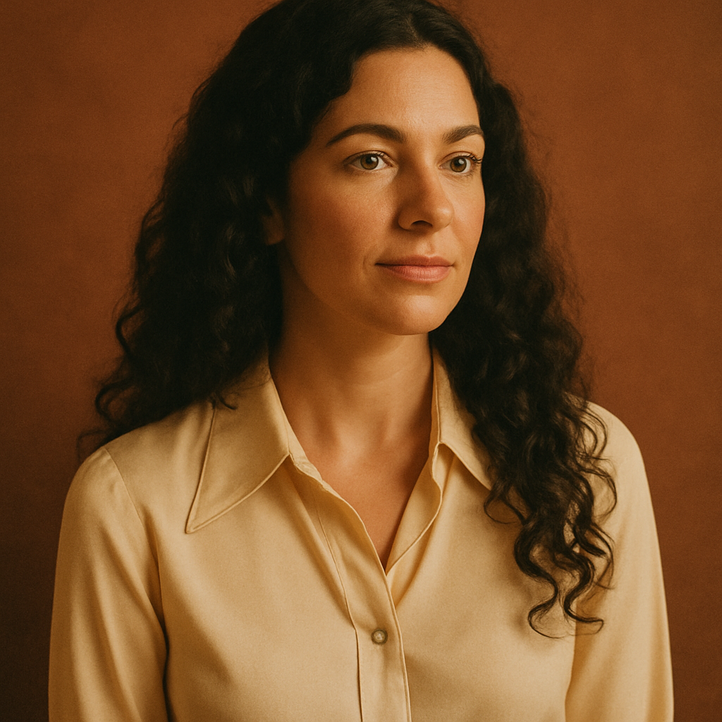 Warm film portrait of a woman with long dark curls wearing a cream silk blouse