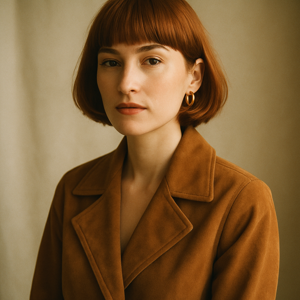 Warm film portrait of a stylish woman with a copper bob haircut wearing a caramel trench coat