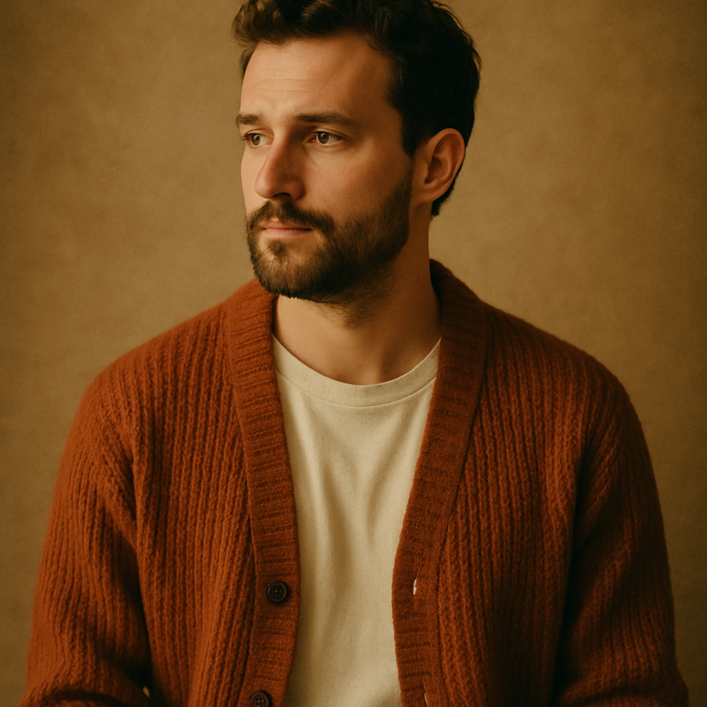 Warm film portrait of a man with a short beard wearing a rust knit cardigan
