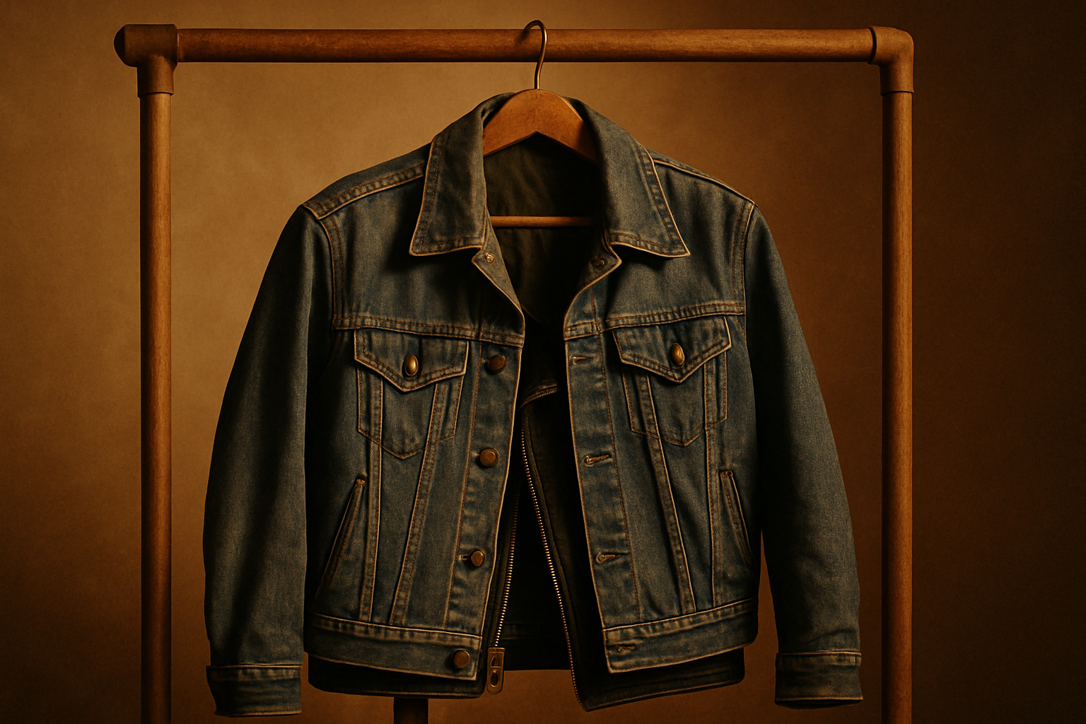 Warm film-style still life of a faded 70s denim jacket layered with an 80s black leather biker jacket on a wooden rack