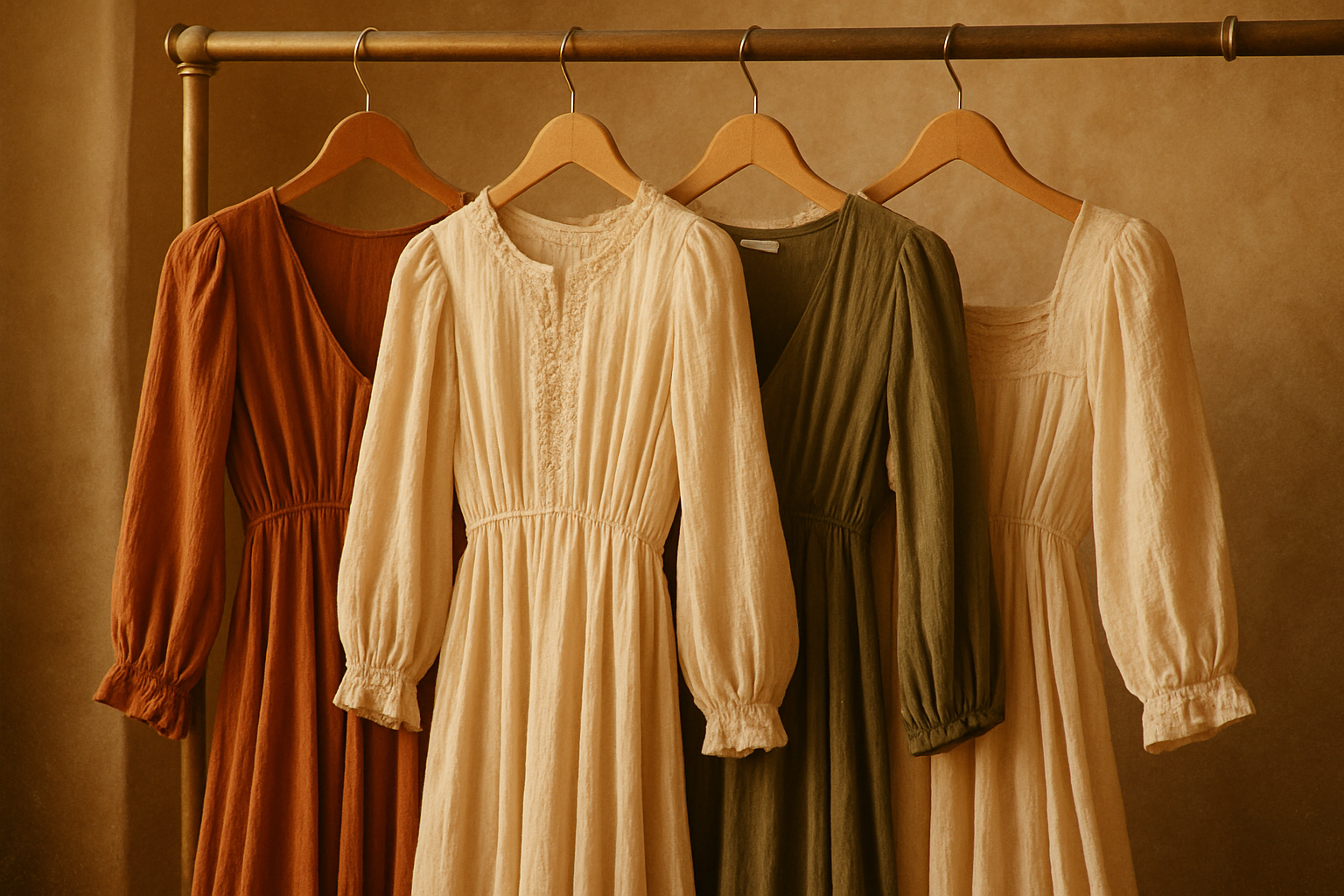 Flowing vintage dresses in terracotta, cream, and olive tones on a boutique rack with soft film grain