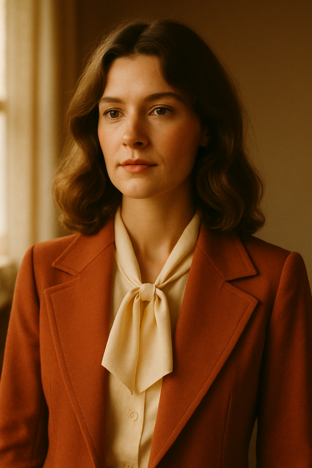 Retro fashion model in a terracotta blazer with wide lapels, softly lit like a warm film photograph