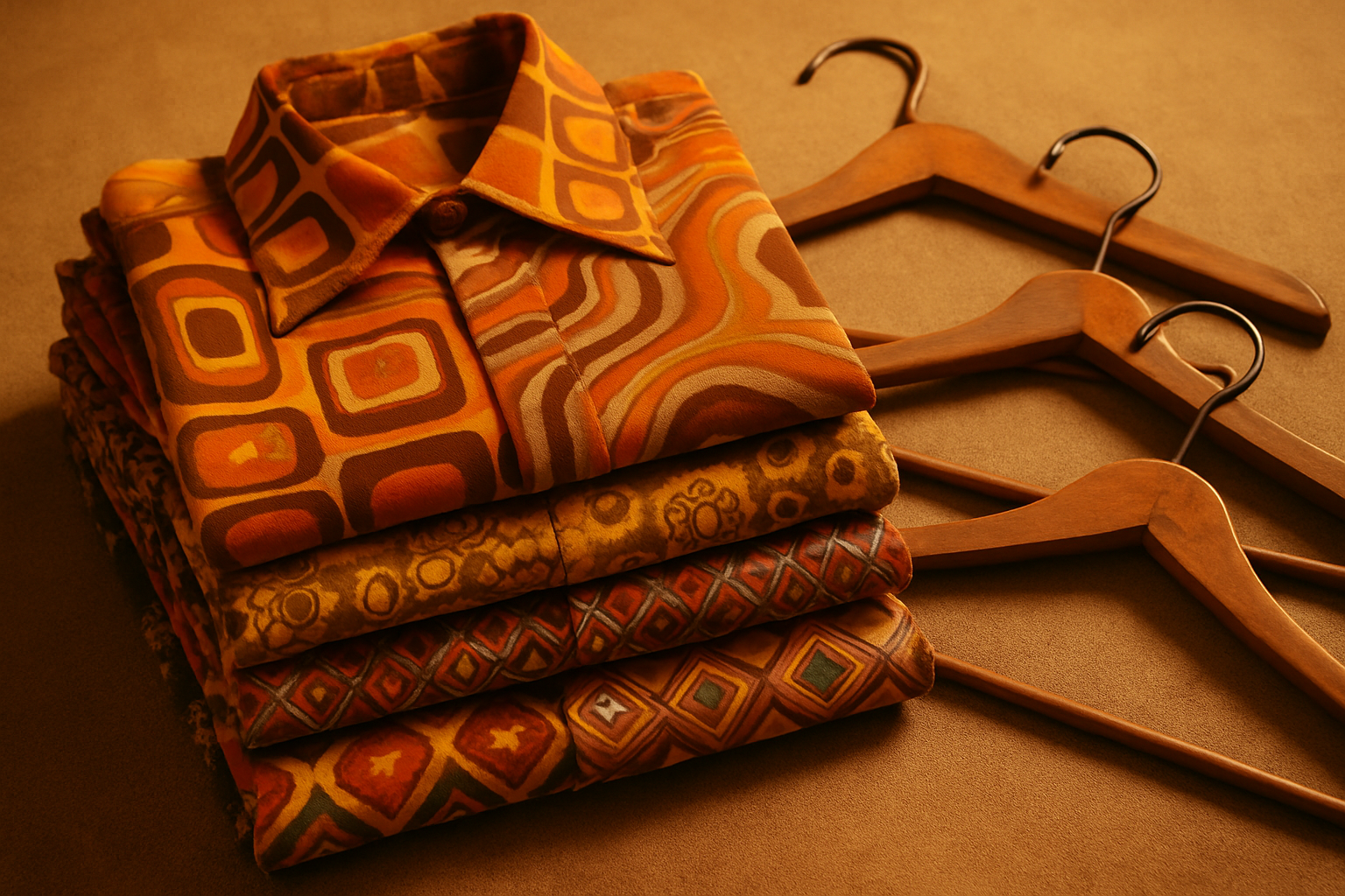 Retro printed shirts in bold geometric patterns, neatly folded with warm amber lighting and vintage hangers