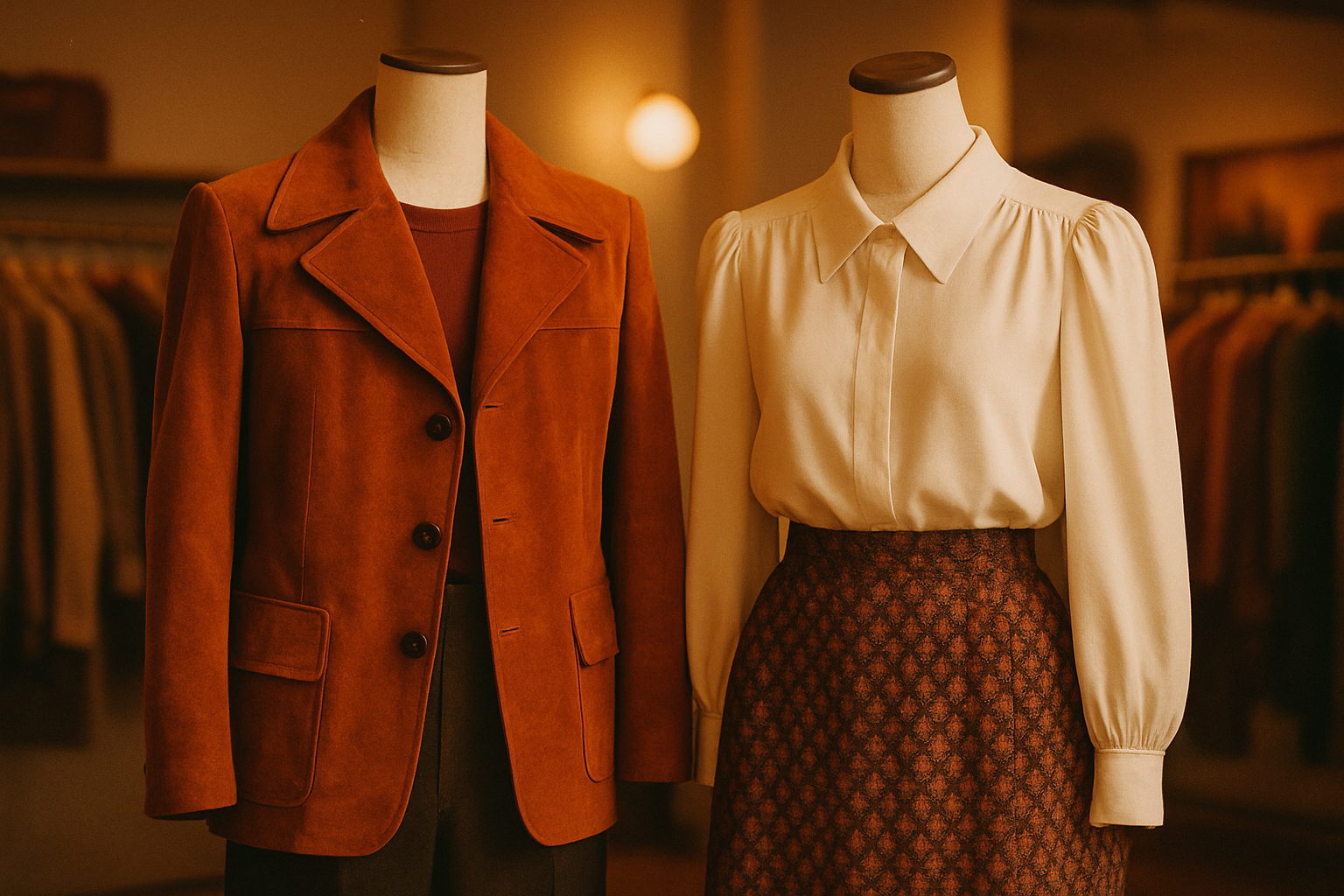 Two statement vintage looks on mannequins featuring a terracotta suede jacket and a cream 80s blouse with bold shoulder lines