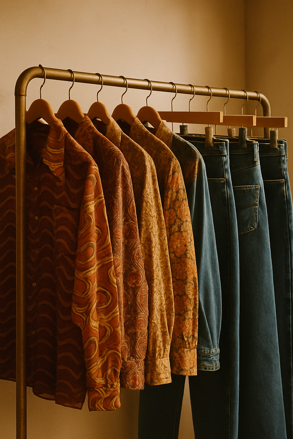 Cozy vintage clothing rack with patterned shirts and denim, styled in a boutique with warm amber tones