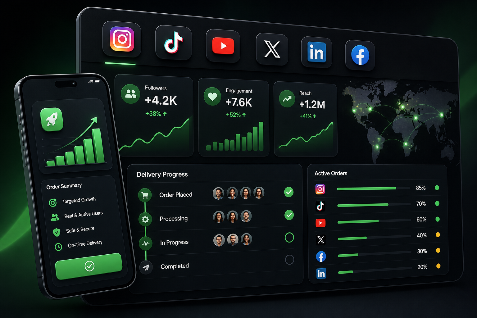 PabloXEmpire growth services dashboard with global platform icons, follower and engagement boosts, and delivery status panels