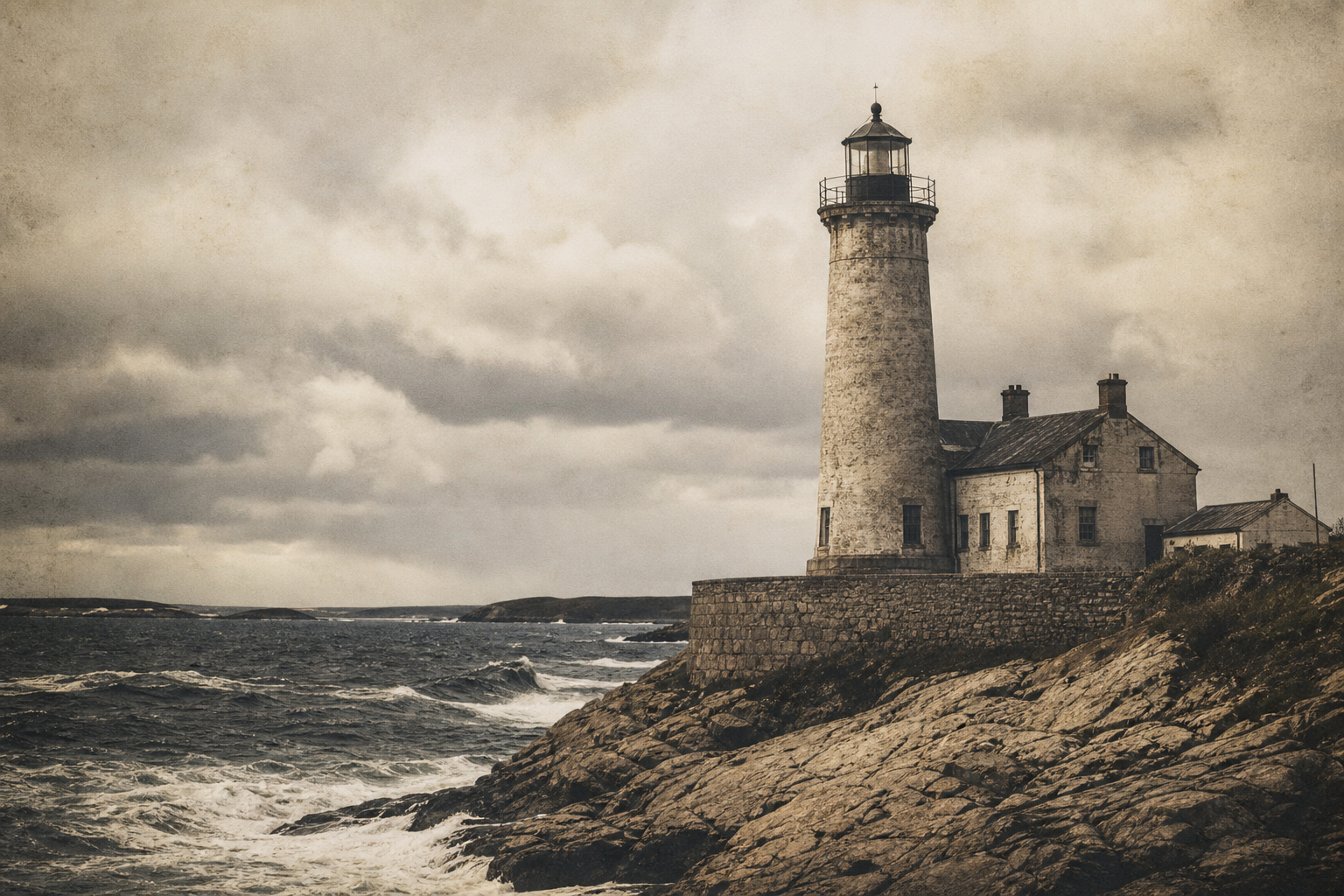 Archival photograph of a weathered stone lighthouse on a rugged northern shoreline with rough sea