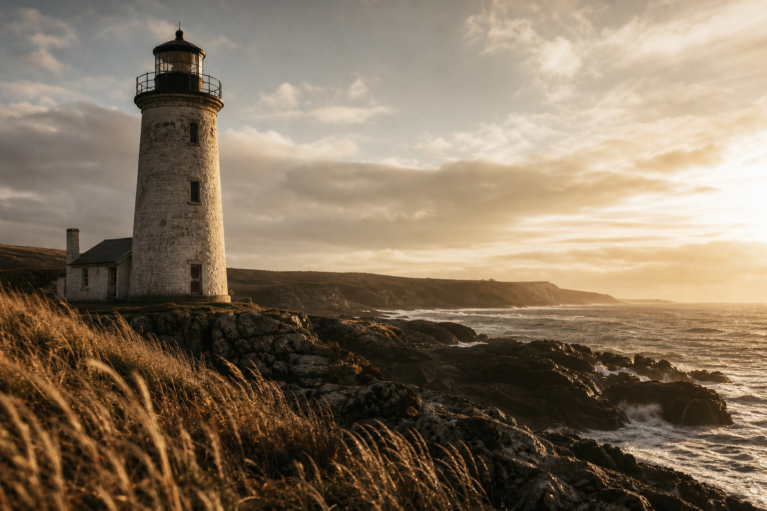 Windswept lighthouse on a rugged northern shoreline in warm golden-hour light