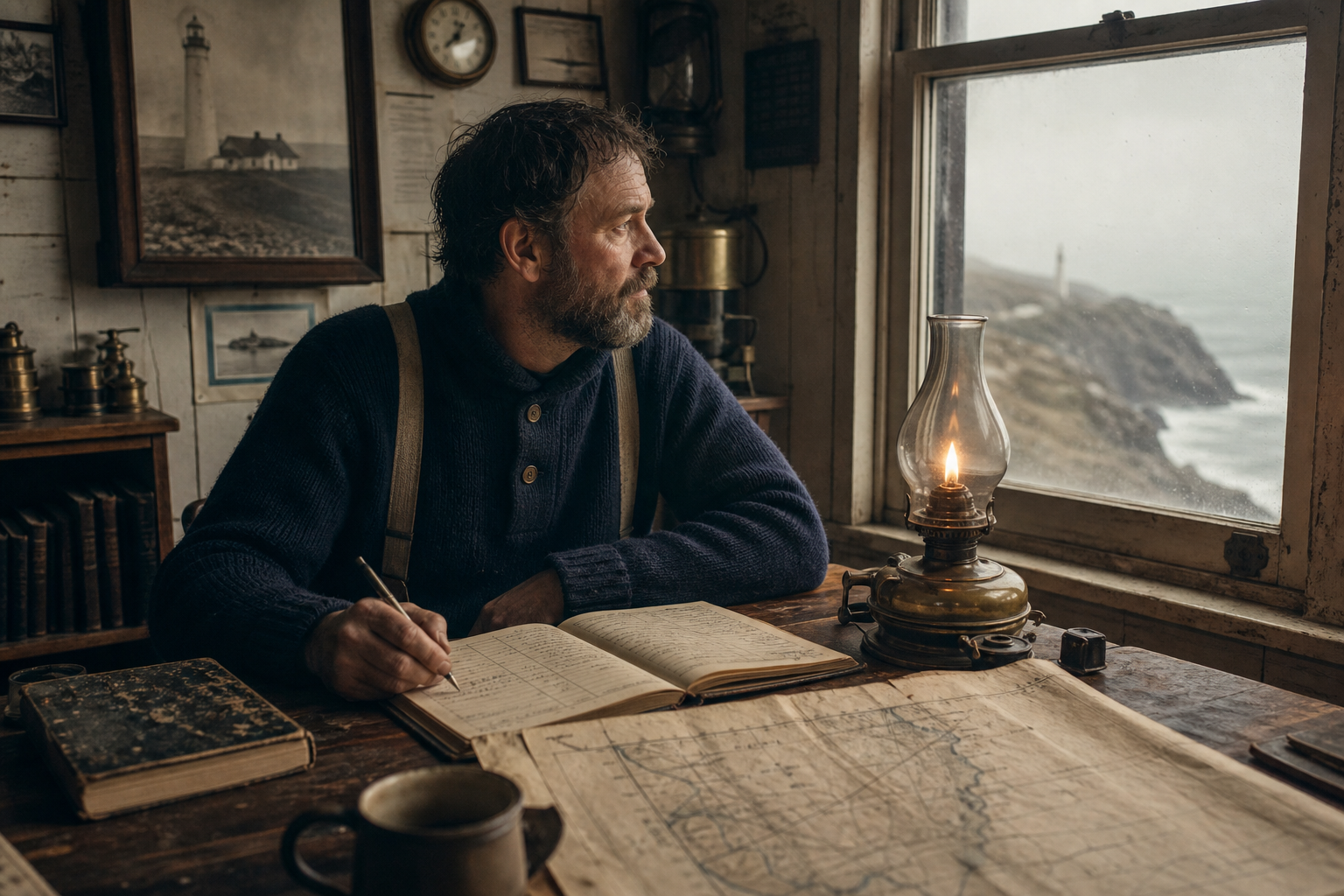 Archival-style maritime interior portrait showing a lighthouse keeper seated near a brass oil lamp, weathered logbooks and a tide chart on a wooden desk, warm window light and muted coastal tones