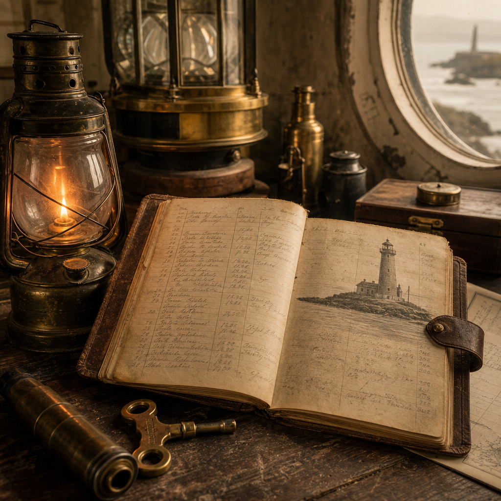 Weathered lighthouse keeper logbook and lamp-room tools in archival light