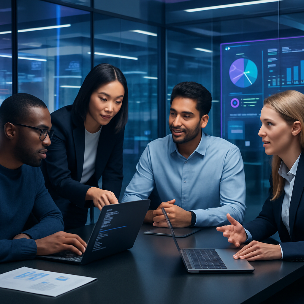 Flowza software development team collaborating in a modern, high-tech office, surrounded by digital displays and holographic interfaces