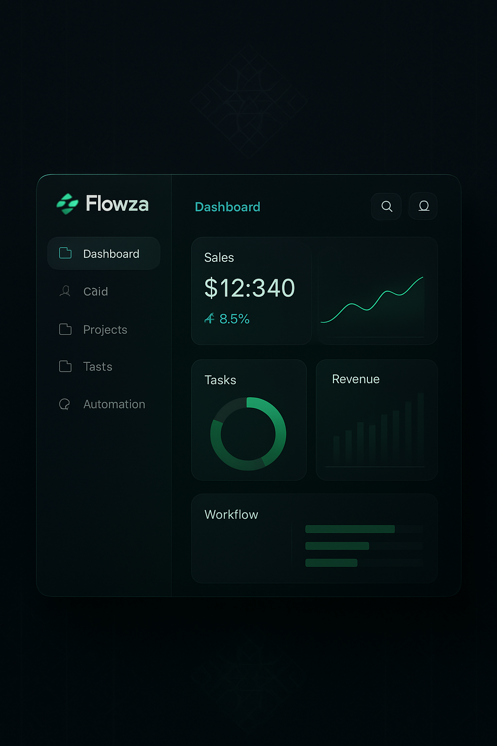 Minimal, high-tech dashboard UI for ERP/CRM/workflow, glassmorphic and futuristic with Flowza branding, on dark background