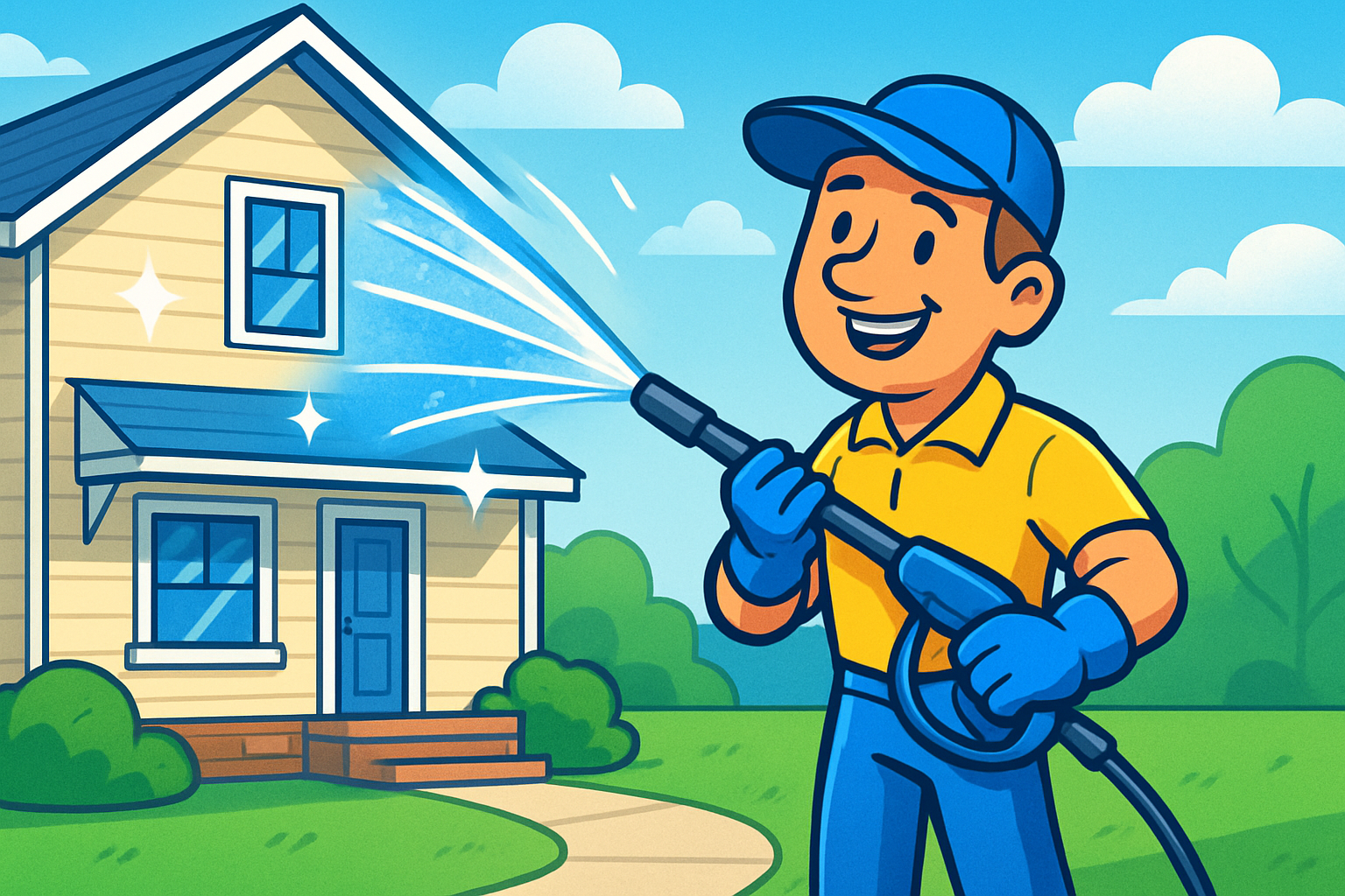 Cartoon-style illustration of a friendly technician power washing a house exterior on a sunny day, with bright water spray and cheerful colors