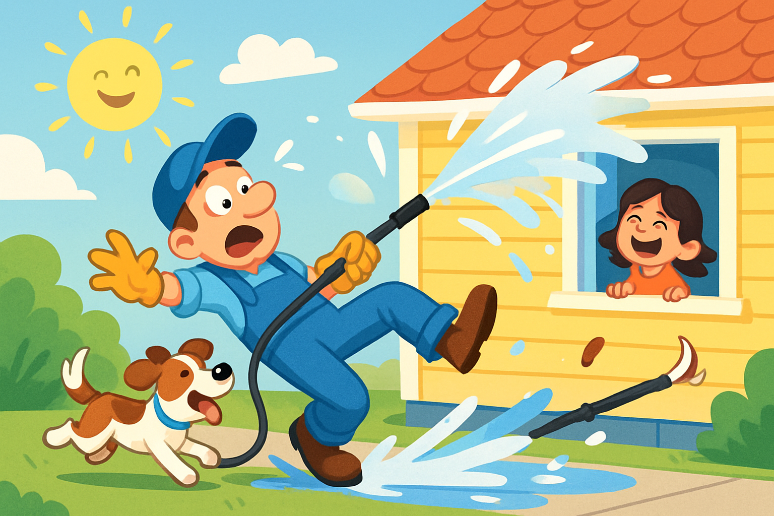 Cartoon-style scene of a power washing worker playfully slipping while cleaning a house, a dog running after him, and a little girl laughing from a window