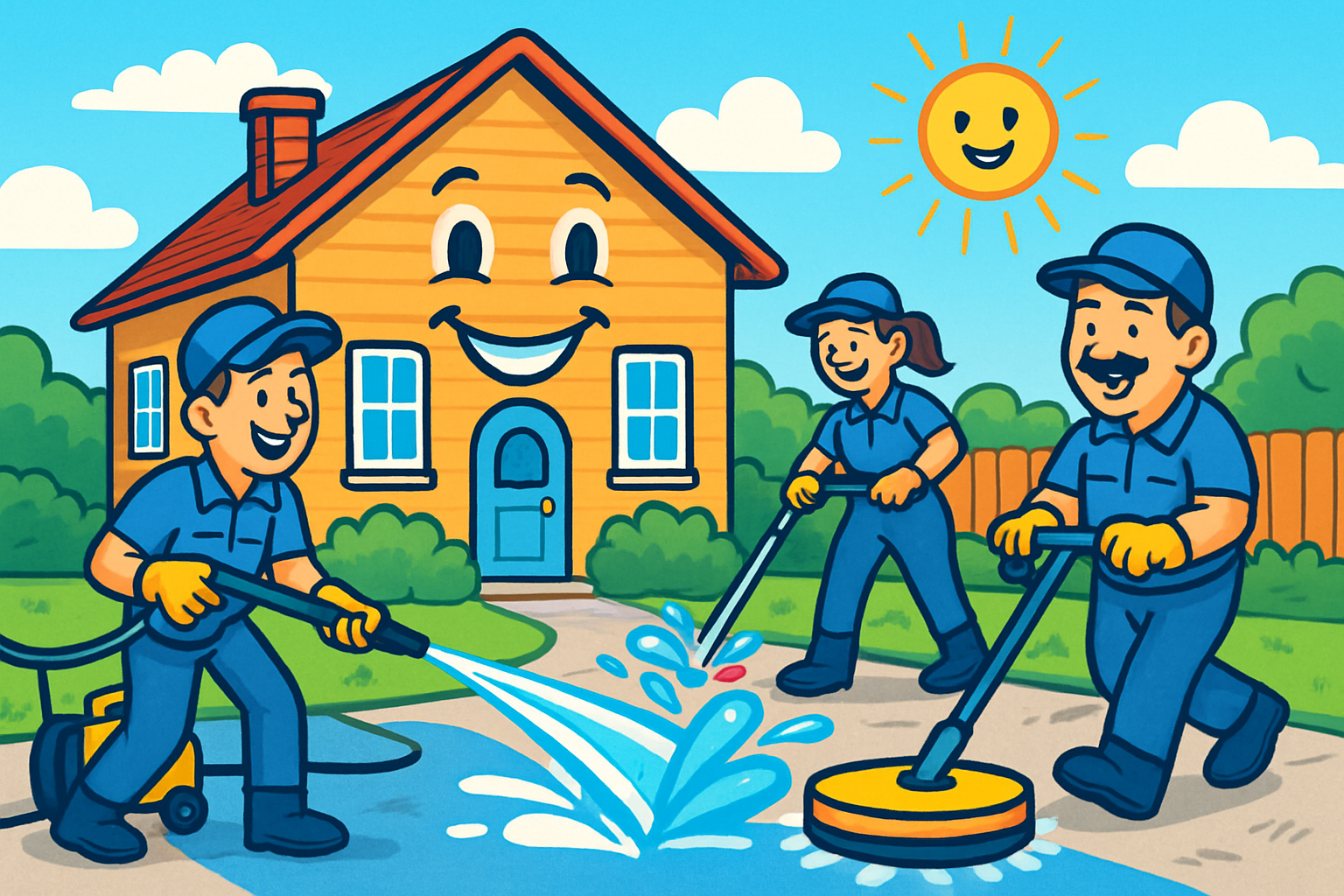 Playful cartoon power washing crew cleaning a driveway with colorful spray and smiling house backdrop