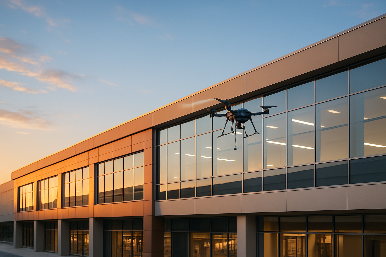 Wide commercial shopping mall exterior with a compact cleaning drone operating along the roofline at sunset