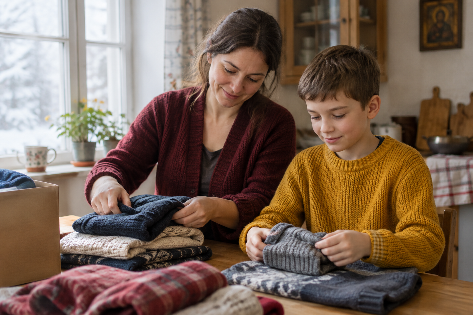 Documentary-style image of a Ukrainian mother and school-age son arranging warm clothes at a kitchen table
