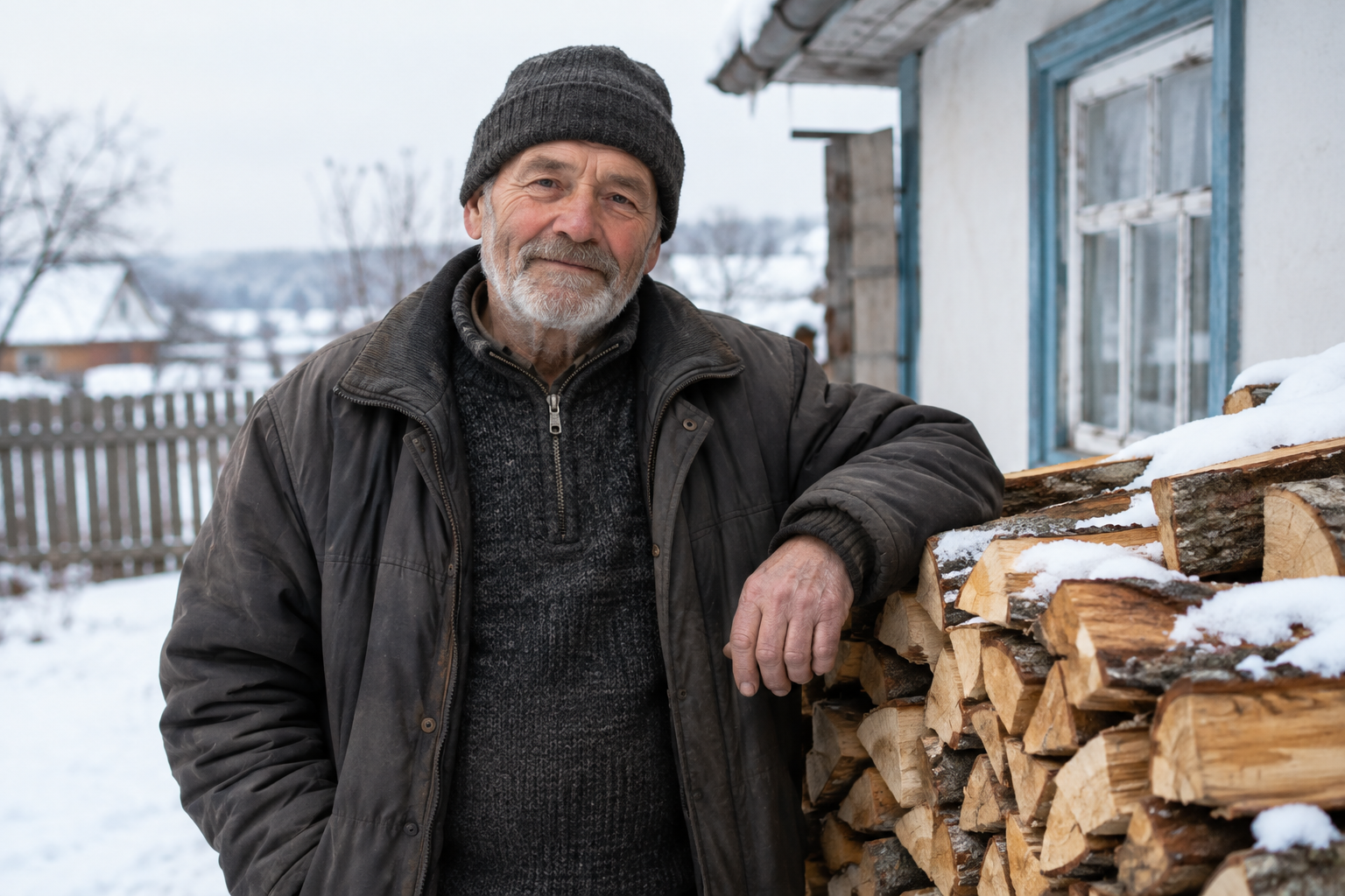 Documentary-style photograph of an older Ukrainian man in a knitted cap beside a neatly stacked bundle of firewood