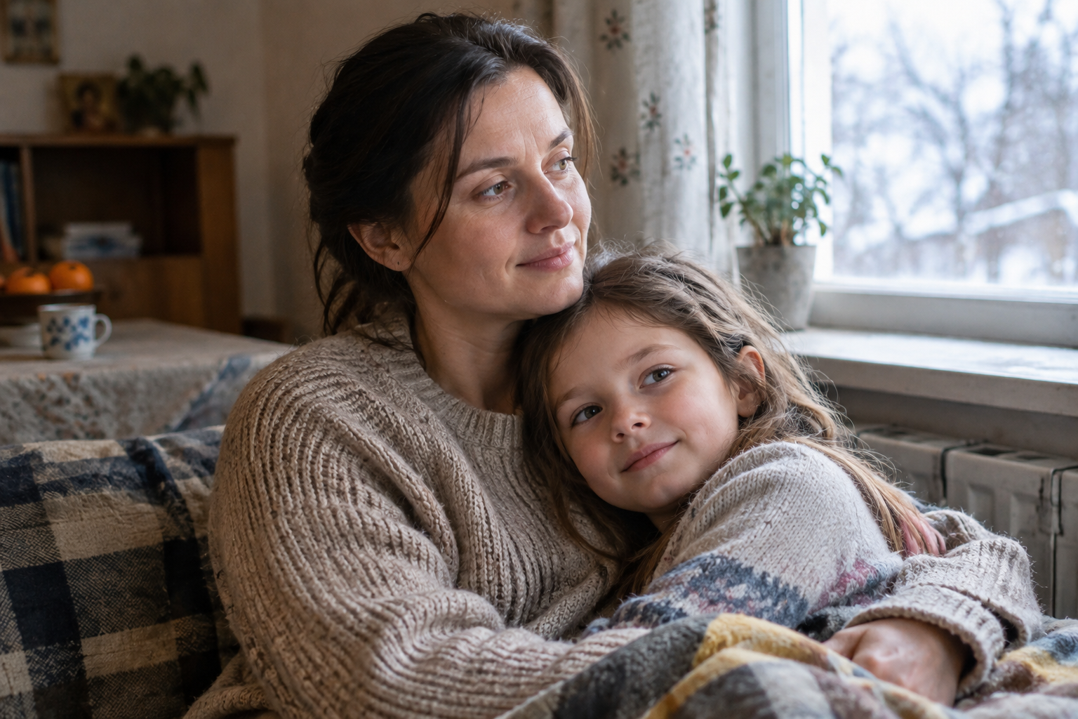 Documentary-style portrait of Olena and her young daughter in their warmly lit Ukrainian home