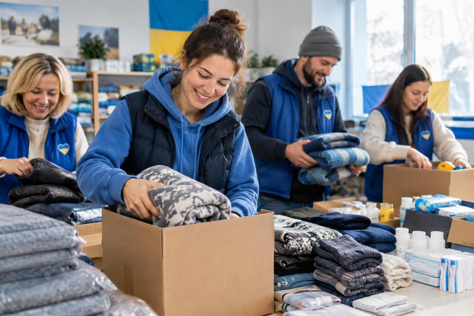 Volunteers sorting warm winter supplies into family delivery kits in Ukraine