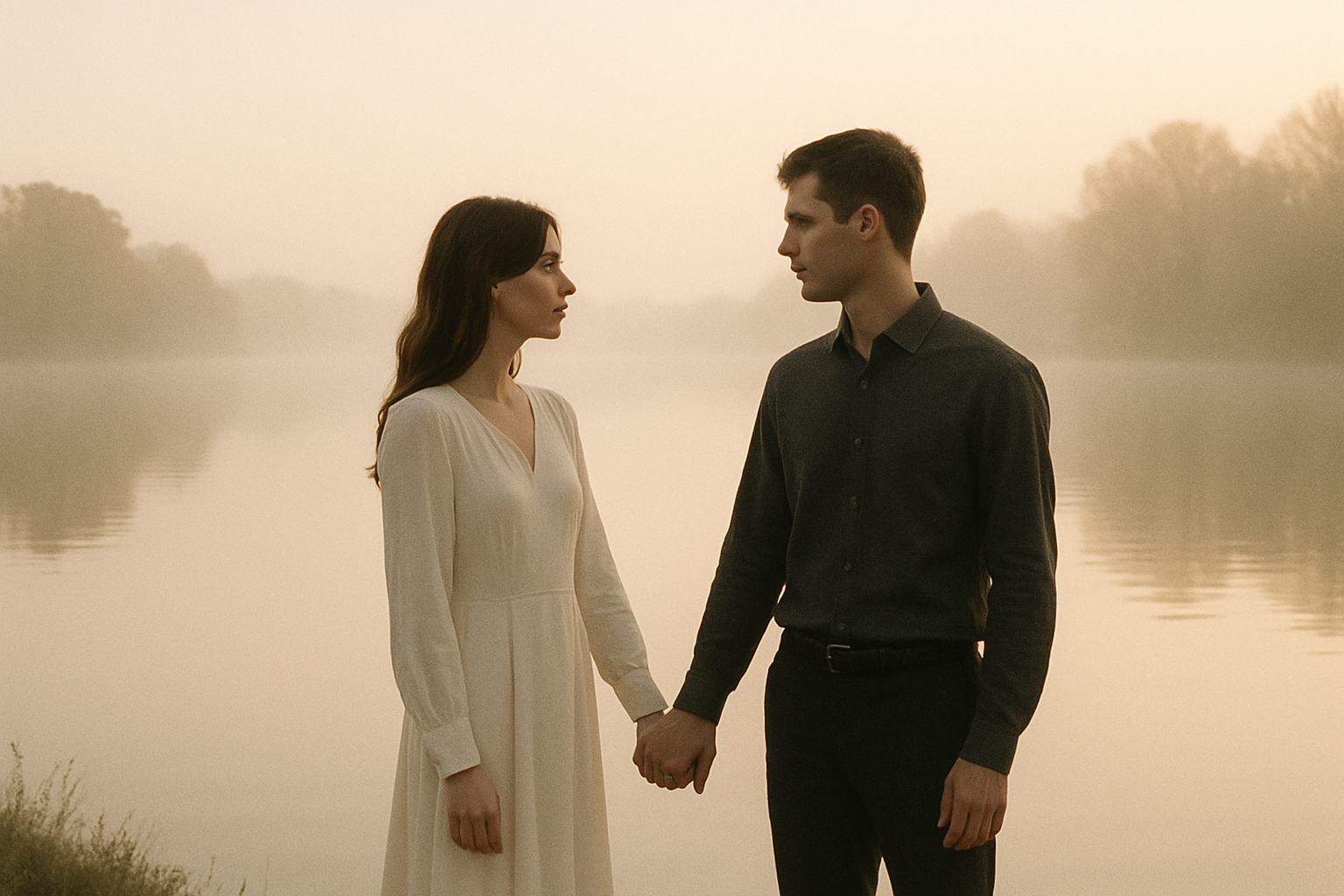 Couple holding hands by a misty lake