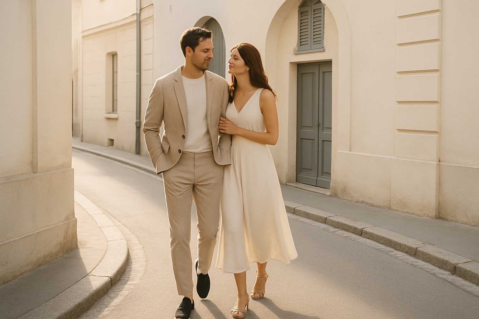 Couple walking along a European street in soft morning light