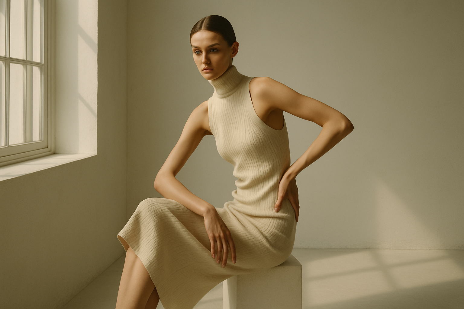 Model in a minimalist studio with soft window light
