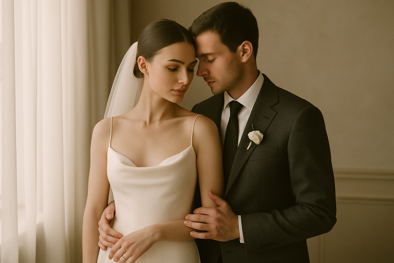 Elegant wedding couple in Kyiv captured in a quiet, emotional editorial portrait