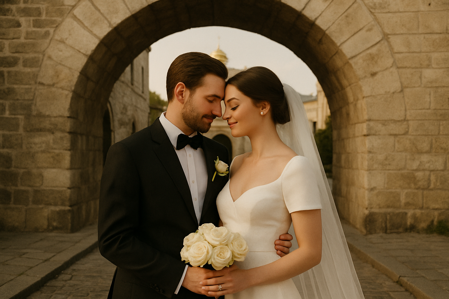 Bride and groom under a historic archway