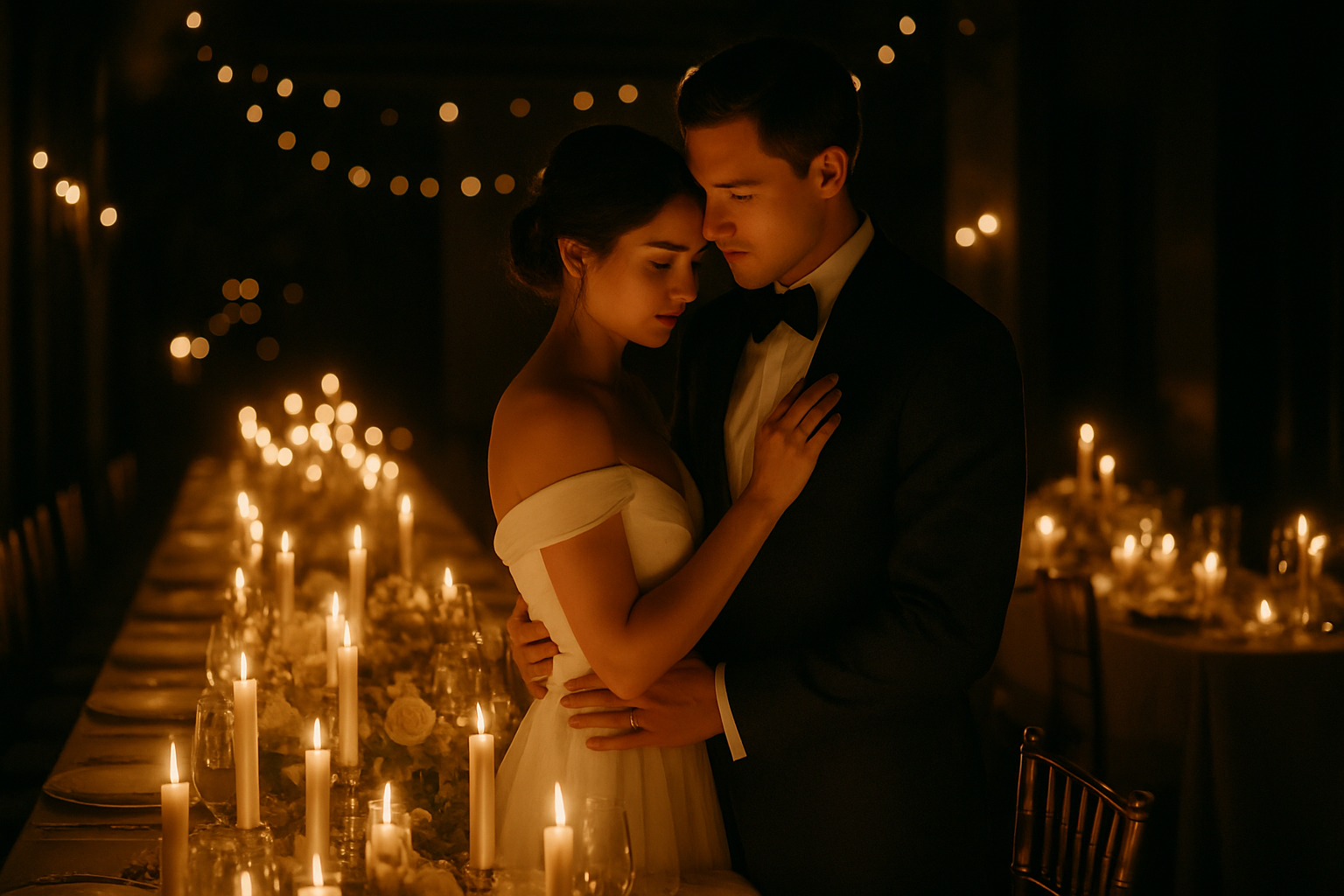 Candlelit reception with couple embracing