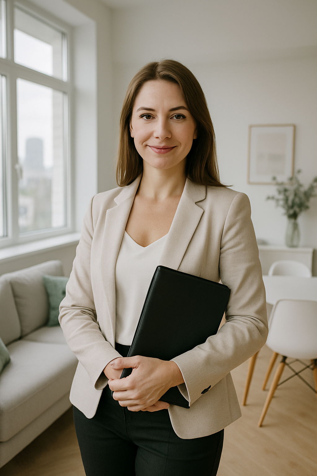 Olha Melnyk standing in a bright modern Kyiv apartment interior