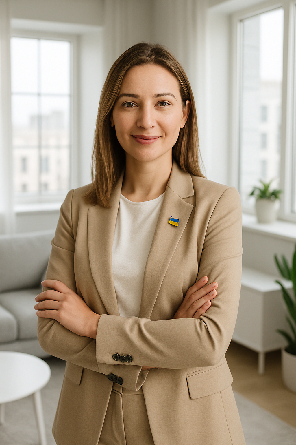 Professional portrait of Olha Melnyk smiling in a bright modern apartment interior in Kyiv