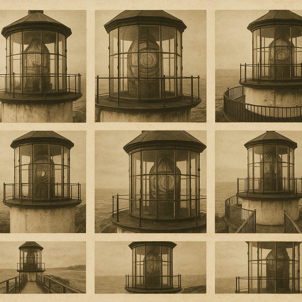 Vintage contact-sheet style image strip showing multiple small frames of lighthouse lantern rooms and keeper walkways