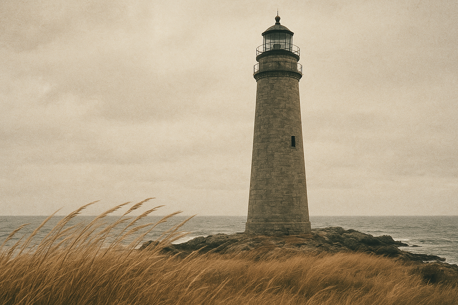 Grainy archival photograph of a tall stone lighthouse on a windswept northern coastline under overcast light
