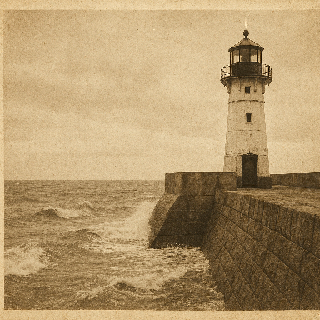 Weathered print with handwritten archival notation beside an older white lighthouse and rough sea wall