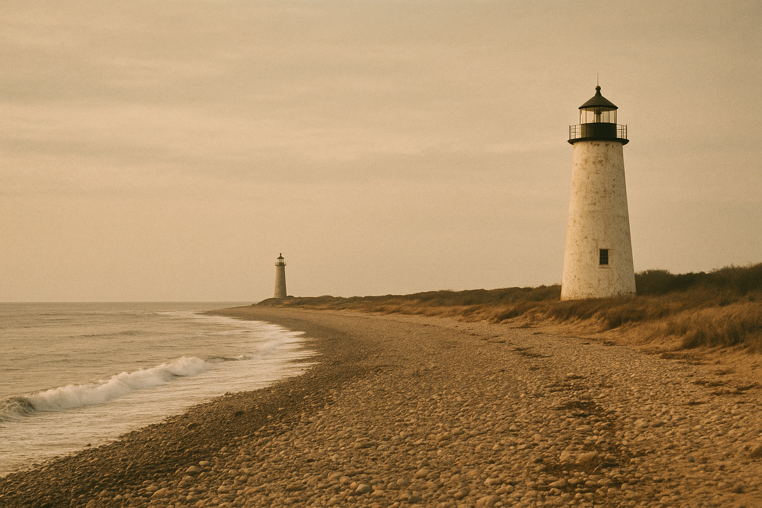 Two preserved coastal towers aligned along a long pebble shoreline