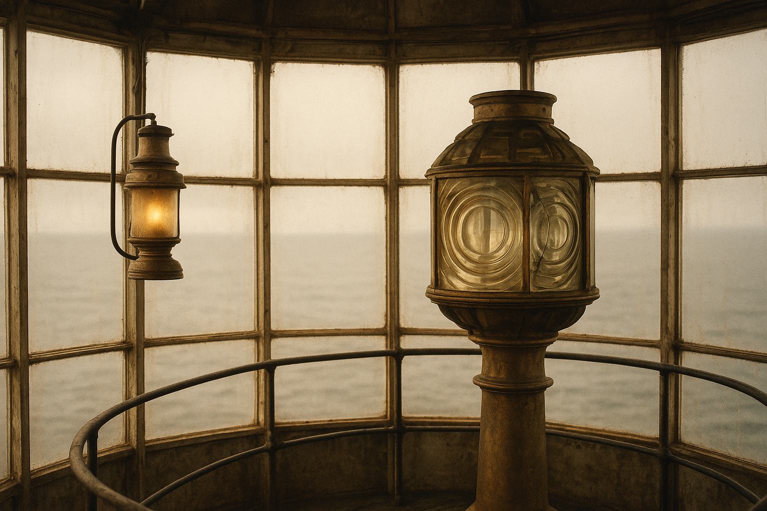Warm film-style photograph of a lighthouse lantern room interior with weathered brass fittings, narrow keeper walkway, and sea fog visible through salt-streaked glass