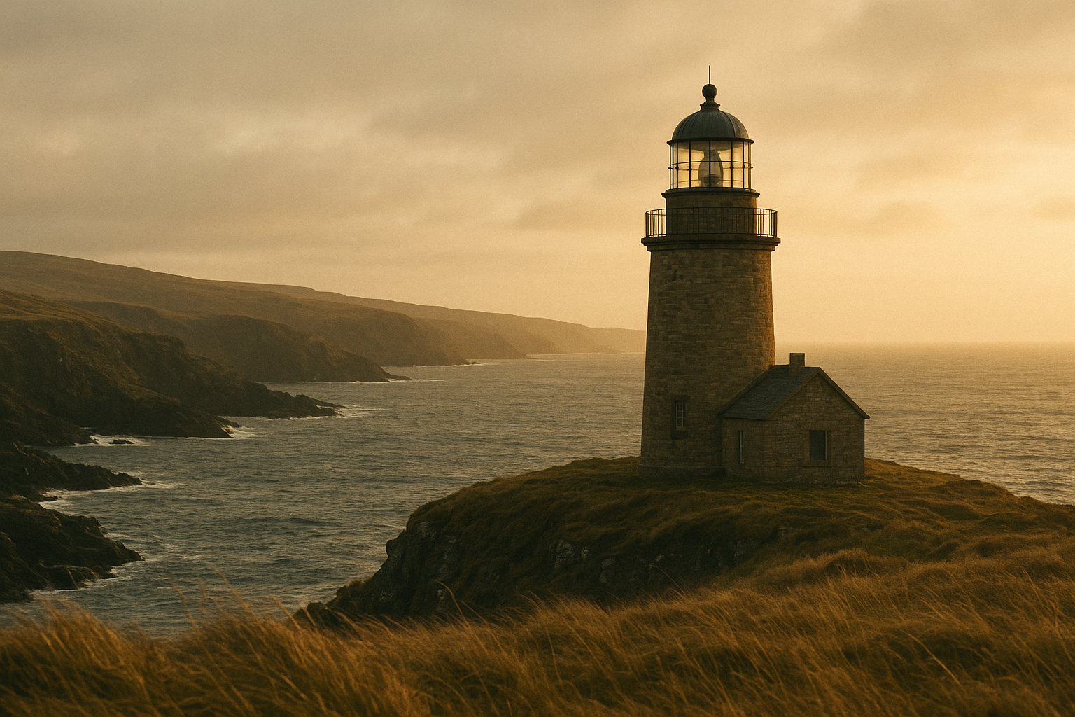 Preserved lighthouse on a windswept northern coastline at golden-hour with textured film-like atmosphere