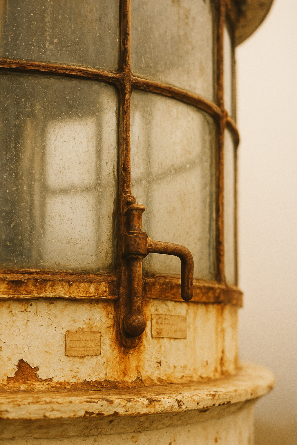 Close documentary photograph of weathered lighthouse lantern-room brass, salt-worn glass, and archival paper labels in warm film tones